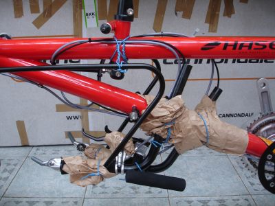 Hier siehst du, wie ich die Lenkereinschübe am Rahmen befestigt habe.