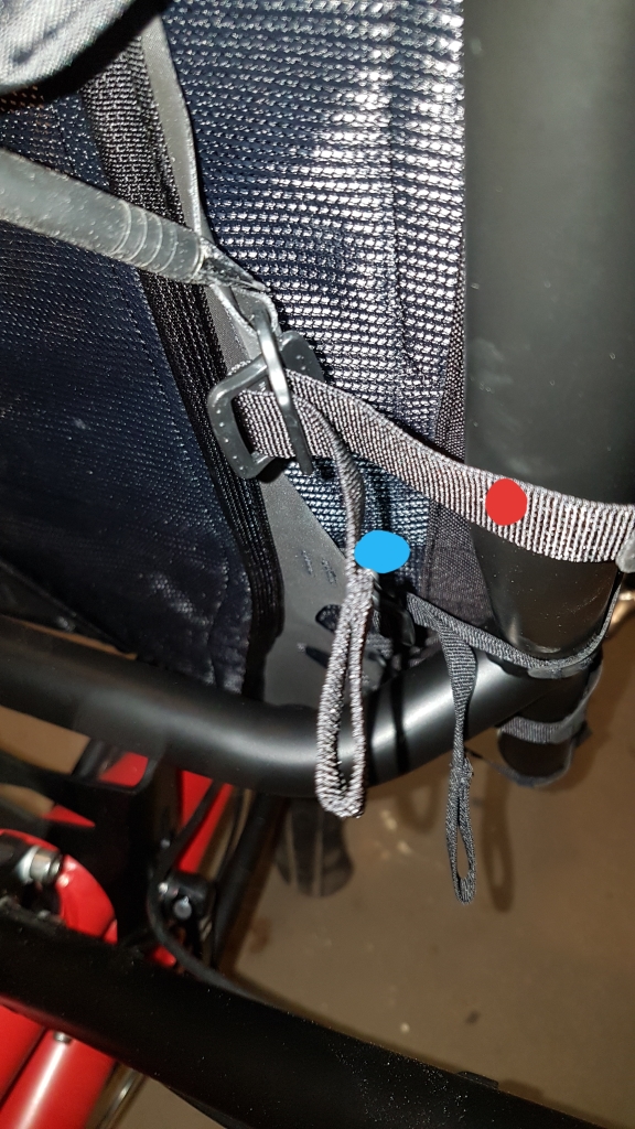 rote und blaue Riemenseite aufeinanderlegen und dann erst durchstecken