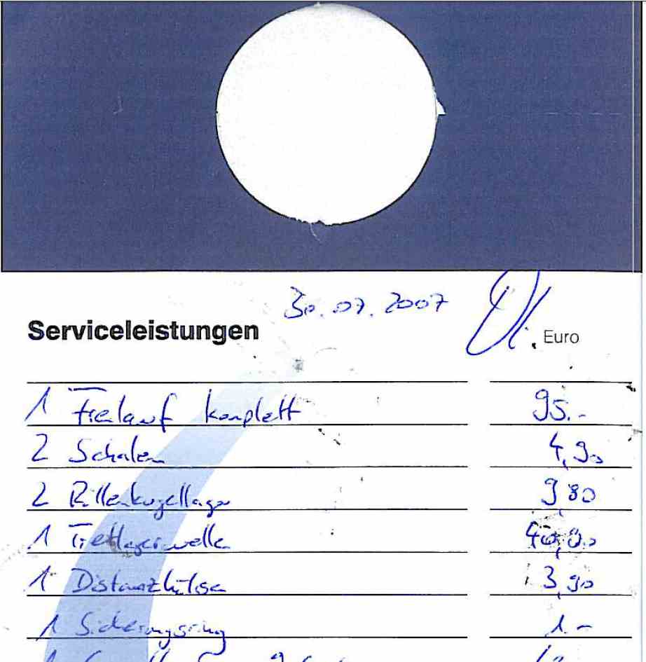 Auszug Rechnung Tretlagerachse mit Zubehör